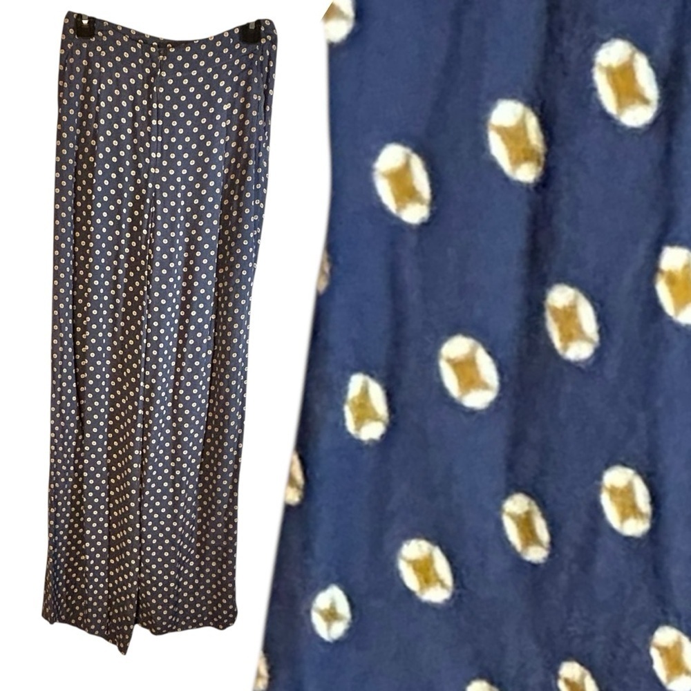 Anthropologie Feather Bone Wide Leg Pants Size 0 Blue Yellow Print Pockets Zip